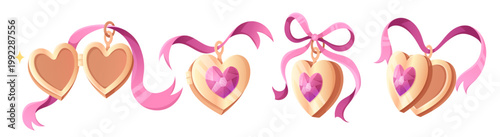 Vintage heart locket with bow and coquette charm design. Elegant frame with ribbon, lace and whimsical drawing style. Romantic heart necklace illustration for valentine day or wedding design.