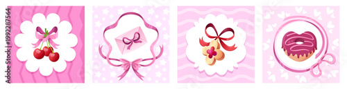 Coquette wedding, birthday or valentine greeting card templates with red cherry bunch, golden locket with gemstone and pink bow, love letter in envelope and heart shaped donut in round ribbon frames.