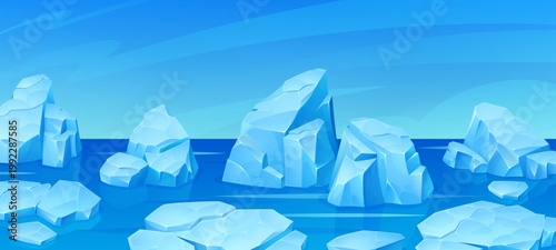 Ice formations and glaciers in arctic vector. Frozen mountain landscape with floating icebergs, snow covered peaks and polar ocean elements. Blue crystalline blocks and floes in cold northern waters.