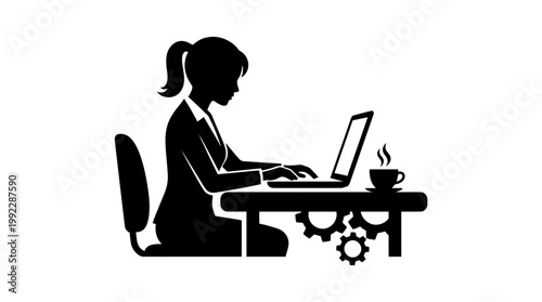 Businesswoman working on laptop computer in office with silhouette vector graphics