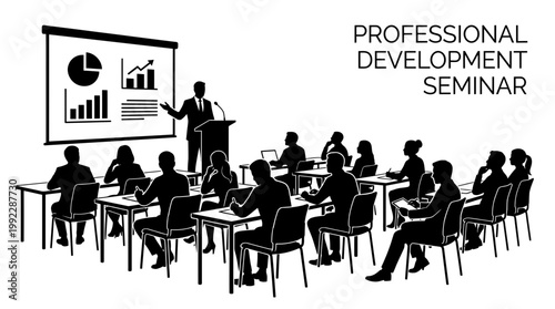 A vector silhouette of a business professional development seminar with a speaker and audience.