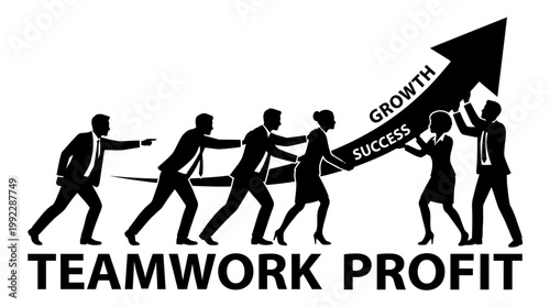 Business team working together to achieve success and growth in vector silhouette