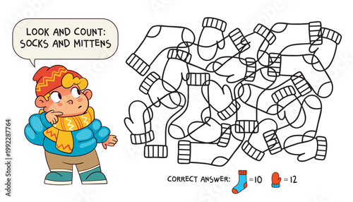 Count how many Socks and Mittens are hidden in the picture. Educational counting worksheet for kids with socks and mittens. Children count the items in the picture and practice early math skills