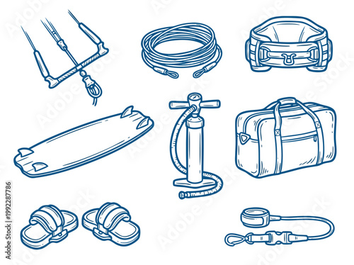 Kitesurfing Equipment Vector Illustration Board Harness Pump and Accessories.