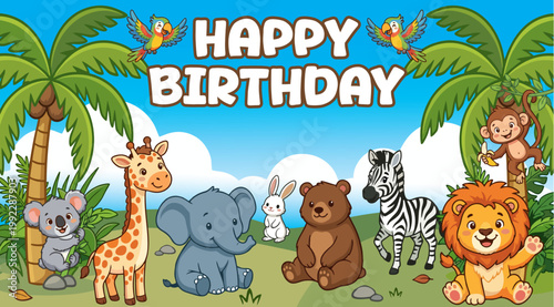 Canvas Print Cute Jungle Animals Birthday Banner Background with Cartoon Wild Safari Creature