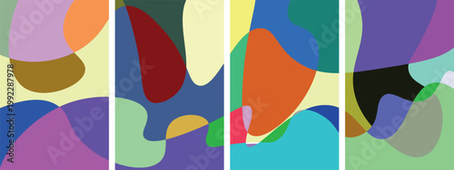 A vibrant abstract composition unfolds across four Vertical panels featuring overlapping organic shapes in a harmonious blend of bold and pastel colors creating a dynamic visual tapestry.