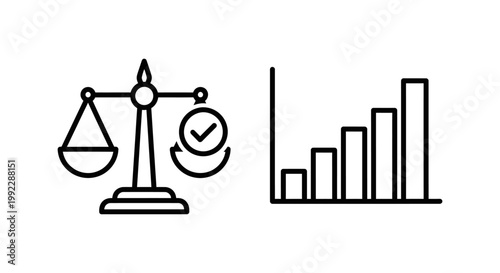 Balance success and workload stable icons with weighing equilibrium fairness decision judgment checkmark approved verified increase progress workload analysis business management