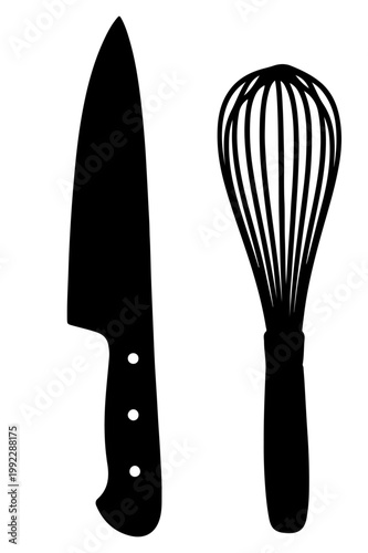 Black Silhouette of a Professional Chef Knife and Whisk Kitchen Utensils Isolated on Transparent Background