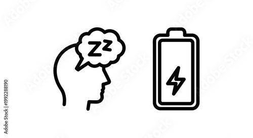 Profile icon with sleep bubble for fatigue and battery icon for energy level tiredness exhaustion wellbeing condition physical strength vitality performance productivity lifestyle