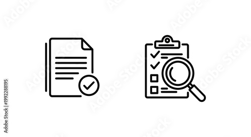 Filing compliance and compliance check icons with compliance document clipboard checklist magnifying inspection verification approval confirmation business regulation standard procedure
