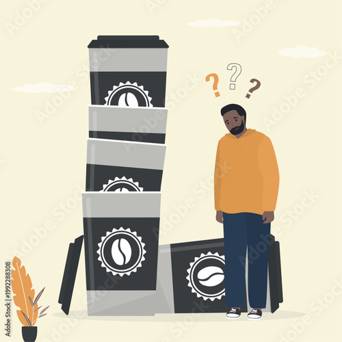 Unhappy man thinking about coffee addiction. Pile of coffee cups hints at a growing habit – a quiet reminder of too many refills in daily coffee life, dependence.