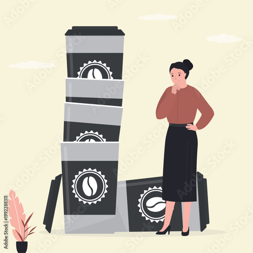 Unhappy woman thinking about coffee addiction. Pile of coffee cups hints at a growing habit – a quiet reminder of too many refills in daily coffee life, dependence