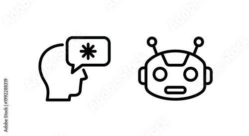 Human head with speech bubble and robot head icons artificial intelligence communication technology thinking computer dialogue interaction illustration minimalist background isolated