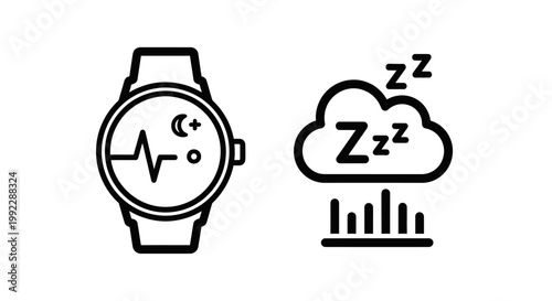 Smartwatch with health metrics and sleep cloud icons smartwatch heartbeat electrocardiogram tracking monitoring wearable technology statistics wellbeing lifestyle minimalist isolated
