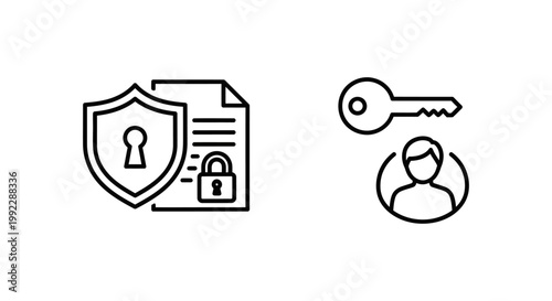 Asset access governance and access governance icons with shield key person governance security management permission document regulation information protection authorization identity