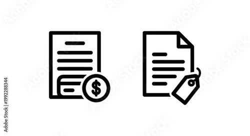 Filing payment and filing fee icons with currency document contract agreement business accounting transaction exchange commerce investment management analysis strategy planning research