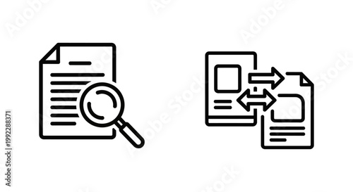 Clause and compare icons with magnifying glass and arrows document contract magnifying analysis information research examination investigation inspection comparison contrast difference
