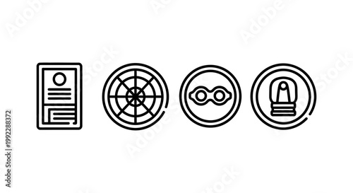 Document radar ninja mask light bulb icons with document information detection navigation surveillance disguise concealment intrigue innovation inspiration creativity solution thinking