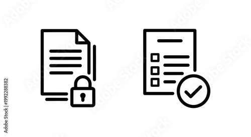 Asset usage and usage policy icons with document checklist permission agreement condition regulation compliance security protection confidential management guidelines standard procedure