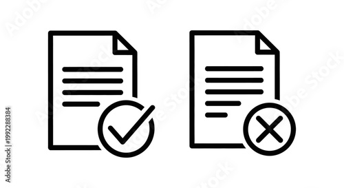 Document icons with check mark and cross mark document incorrect approved rejected selection decision validation verification confirmation negation illustration template interface
