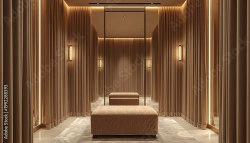 A luxurious and private dressing room or changing area enveloped in soft, elegant curtains and featuring mirrored walls with chic ottoman benches.