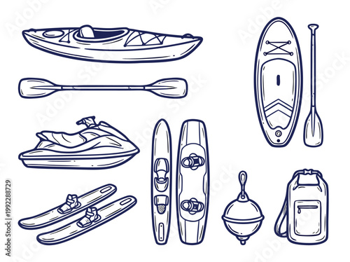 Line Art Collection of Water Sports Equipment and Accessories.