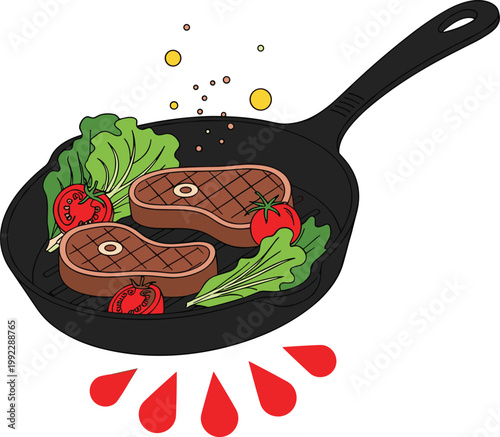  Skillet with sizzling steak and vegetables, isolated vector illustration of a pan cooking fresh meat for dinner