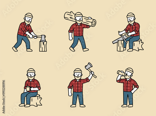 Lumberjack Cartoon Character in Various Poses and Actions.