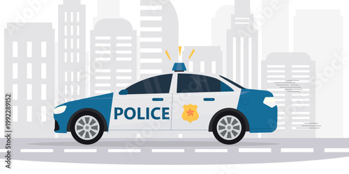 Patrol car side view. Police transport. Patrol official vehicle, sheriff car. Police auto riding on road. City view on background.