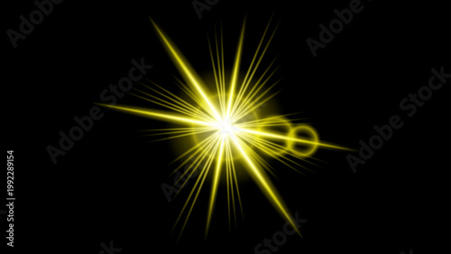 Yellow Lens Flare with Bright Starburst and Glowing Light Effects on Black Background