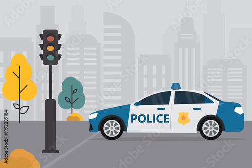 Patrol car side view. Police transport. Patrol official vehicle, sheriff car. Police auto standing on parking. City view on background.