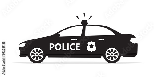 Patrol car side view, black icon. Police transport sign. Patrol official vehicle, sheriff car isolated on white background. Police vehicle. Monochrome design.