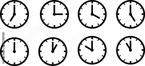 Eight Simple Black And White Clock Icons Showing Different Times