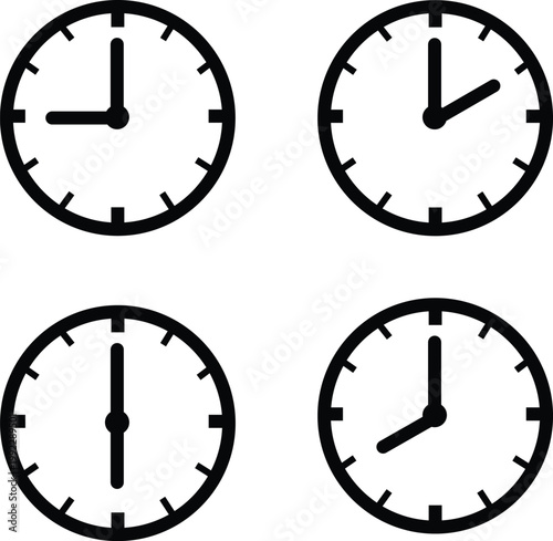 Four Simple Black And White Clock Icons With Different Times