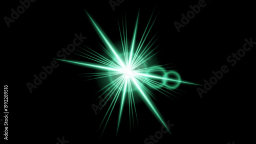 Green Lens Flare with Light Burst and Radiant Rays on Black Background