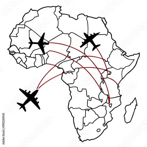 A vector graphic illustration of airplanes flying over a map of Africa with red flight routes