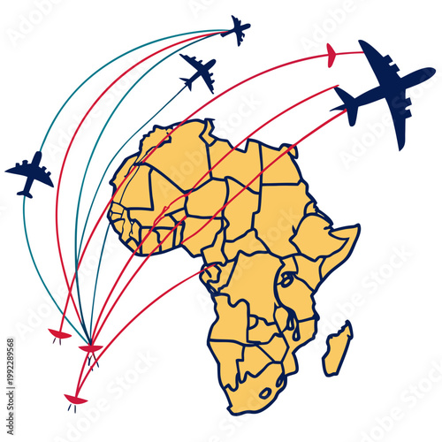 A vector graphic illustration of airplanes flying over a map of Africa with multiple flight routes