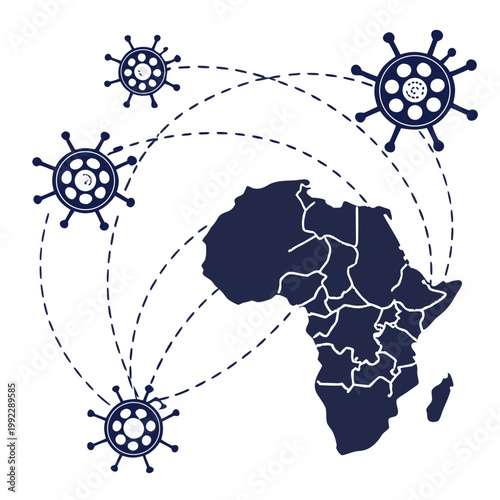 A vector graphic illustration of the African continent with virus icons and dotted lines representing global connections
