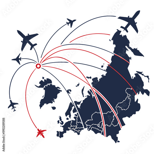 A vector graphic illustration of a map with airplanes and flight routes
