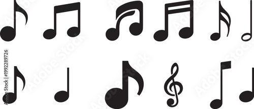 Music notes icons set. Black notes symbol on white background - stock vector.