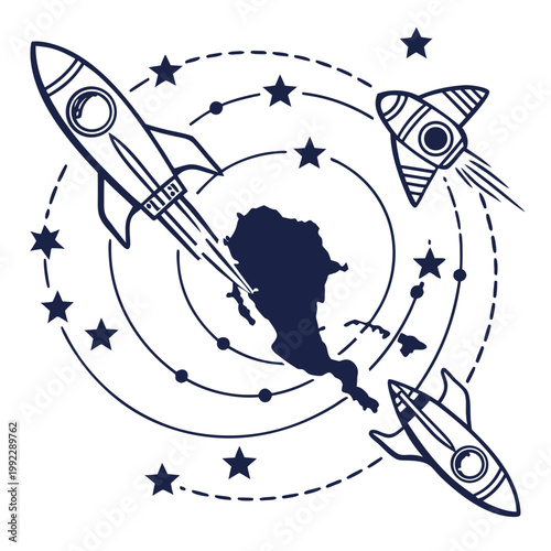 A vector graphic illustration of rockets orbiting a continent with stars and dotted lines