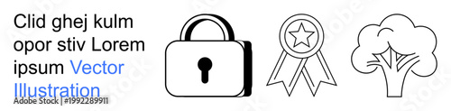 Data security, awards, eco-friendliness, certification, privacy, environmental care. Features lock, ribbon tree icons. Data security and awards concepts highlighted