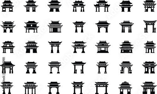 Asian temple gate  collection with japanese torii and chinese architectural gate style