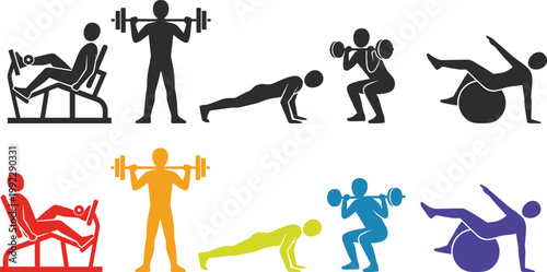 Large collection of minimalist fitness silhouettes featuring leg press barbell squats pushups and stability ball exercises in multi-color and black isolated on white background.