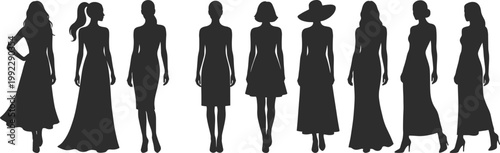 Large collection of nine minimalist black female fashion silhouettes featuring varied hairstyles evening gowns summer dresses and high heels isolated on white background.