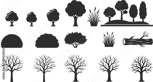 Large collection of sixteen minimalist black nature silhouettes featuring summer trees winter bare branches bushes marsh reeds and fallen logs isolated on white background.