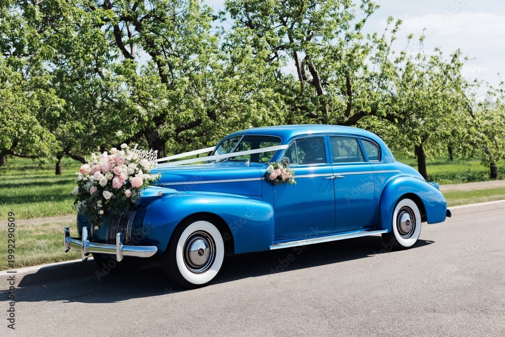 Fototapeta premium Vintage Blue Car With Flowers Parked on a Road Beside Trees and Mountains