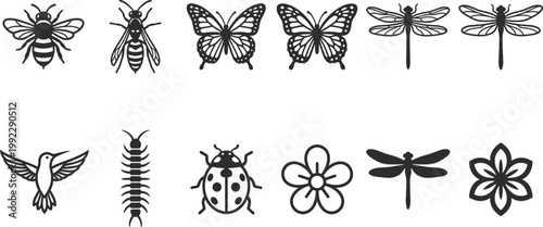 Large collection of twelve minimalist black silhouettes featuring bees butterflies dragonflies ladybugs hummingbirds and flowers isolated on white background.