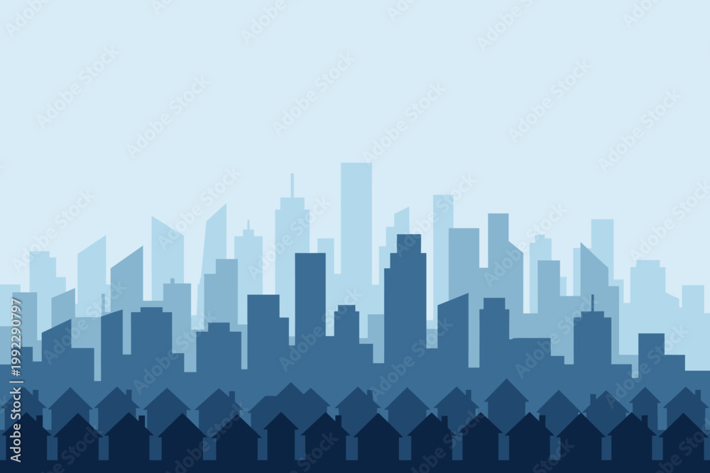 Fototapeta premium Minimalist blue city skyline illustration featuring layered urban landscape with suburban residential houses in foreground and skyscraper silhouettes in hazy background.