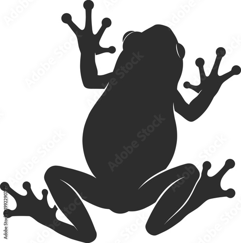 Minimalist black tree frog silhouette featuring bulbous toe pads and splayed limb posture isolated on white background for tropical and nature design.